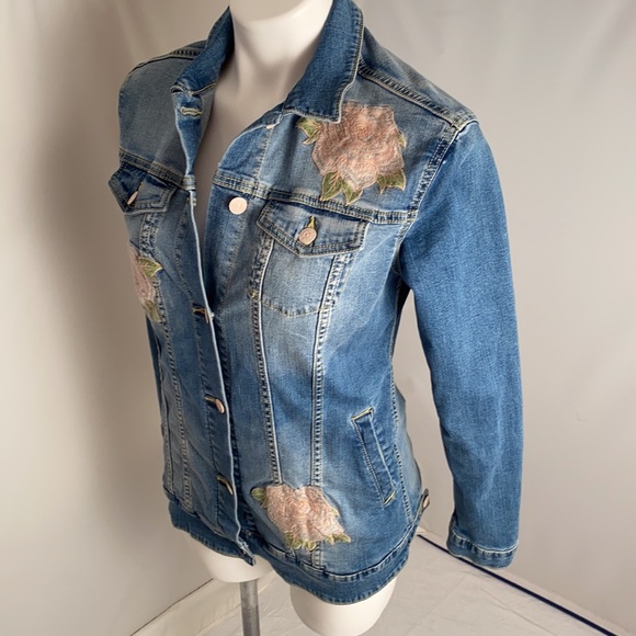 Lularoe Jaxon medium wash blue fitted denim jacket with pink roses - Picture 3 of 14